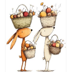 May include: An illustration of two rabbits, one orange and one cream-colored, each carrying two woven baskets filled with various fruits and flowers. The baskets are positioned on their heads and in their hands, rendered in a sketch-like style.