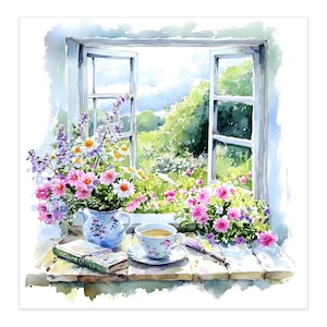 May include: Watercolour painting of an open window with a view of a garden. A blue and white floral jug holds pink and white flowers. A teacup and saucer, a book, and a paintbrush sit on the windowsill. The scene is rendered in soft colours.