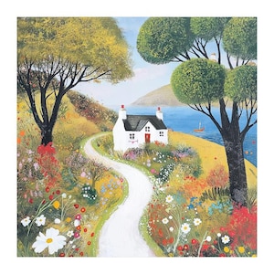 May include: A colorful painting of a white cottage with a black roof and red door, nestled on a hillside. A winding white path leads to the cottage, surrounded by vibrant flowers and trees. A sailboat is visible on the blue water.