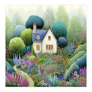 May include: A white cottage with a blue roof nestled in a lush garden filled with diverse flowers and trees. The house features a chimney, multiple windows, and a winding path leading through vibrant pink, blue, and green foliage in the foreground.
