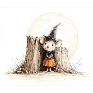 May include: A pen and ink illustration of a small mouse wearing a pointed black hat and an orange skirt, standing in front of a large wooden tree stump. A large, pale yellow circular moon is visible in the background behind the tree stump.