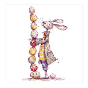 May include: Watercolor illustration of a rabbit balancing a stack of Easter eggs. The eggs are decorated with various patterns and colors, including yellow, red, and white. The rabbit wears a coat, scarf, and blue pants. The artwork has a whimsical, illustrative style.