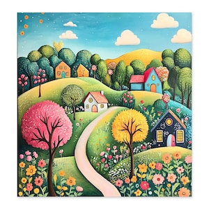 May include: A colorful, whimsical painting of a village nestled in rolling green hills. The artwork features several houses with red, blue, and orange roofs, surrounded by trees with pink, yellow, and green foliage. A winding path leads through a field of flowers.