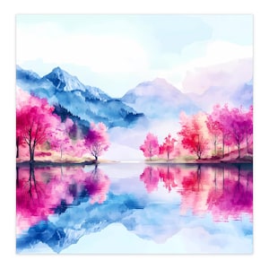 Puede incluir: Pintura a la acuarela de un paisaje sereno con un lago que refleja árboles rosas y rojos. Montañas azules y un cielo suave crean una escena tranquila. La obra evoca una sensación de paz y belleza natural.