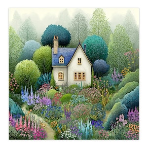 May include: A watercolor painting of a white cottage with a blue roof, surrounded by a vibrant garden filled with colorful flowers and lush greenery. A pathway leads through the garden, creating a serene and inviting scene.
