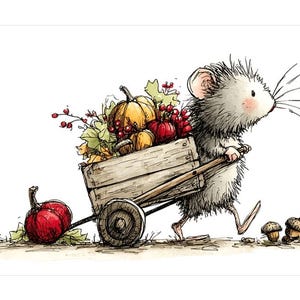 May include: A whimsical ink and watercolor illustration of a fluffy gray mouse pulling a wooden cart filled with orange pumpkins, red berries, and green leaves. A single red pumpkin sits on the ground, and two small acorns lie nearby.