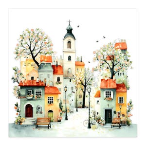 May include: Watercolor painting of a European town scene. Buildings with red tile roofs, pastel walls, and arched doorways line a cobblestone street. A tall church steeple rises above the buildings, and flowering trees frame the scene. Benches and street lamps add detail.