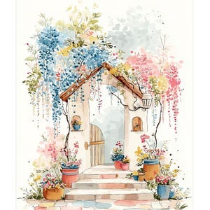 Puede incluir: Pintura a la acuarela de una encantadora entrada a una casa de campo. La estructura blanquecina presenta una puerta de madera, escalones y está adornada con flores vibrantes en macetas. Flores azules, rosas y amarillas en cascada enmarcan la entrada, creando una escena pintoresca.