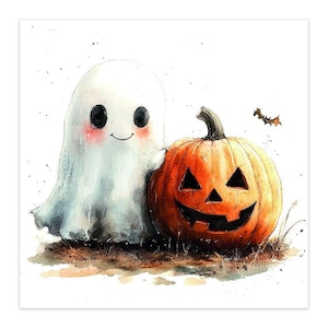 May include: Watercolor illustration of a friendly ghost with rosy cheeks and a smiling jack-o'-lantern. A small brown bat flies in the background. The artwork is set against a white background with subtle watercolor textures, perfect for Halloween.