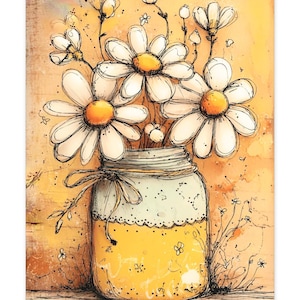 May include: Watercolor illustration of daisies in a mason jar. The daisies have white petals and yellow centers. The jar is yellow and light blue, tied with a ribbon. The background is a warm yellow.