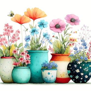 May include: Watercolor illustration of various potted flowers. The image features orange poppies, pink and blue flowers, and a butterfly. The pots are in shades of teal, orange, and white, creating a vibrant and colorful display.