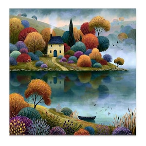 May include: A landscape painting featuring a small house with a blue door nestled on a hill among colorful autumn trees in shades of orange, red, and purple. A calm lake reflects the scenery, with a small dark boat floating near the grassy shore.