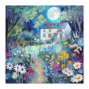 May include: A vibrant digital illustration of a stone cottage under a full moon, surrounded by a lush garden filled with white daisies, yellow sunflowers, and purple wildflowers. A stone path leads to the front door through the colorful foliage.
