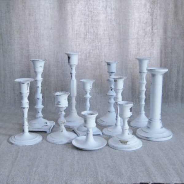 Cottage Chic White Wedding Candle Holder Collection / Eclectic Shabby Candle Holder Collection / Collection of 11 White Candle Holders