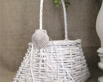 Shabby White Seashell Flower Girl Basket for Beach Wedding / White Basket with Seashell for Wedding or Home Decor