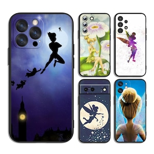 May include: Five smartphone cases featuring Tinker Bell and Peter Pan imagery. Designs include silhouettes against a night sky with Big Ben, a fairy sitting on a large flower, a watercolor-style fairy, a fairy flying before a moon, and a close-up back view.