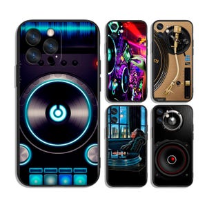 May include: A selection of phone cases with DJ and music-related designs. The cases display vibrant graphics of turntables, sound systems, and a DJ, with neon and colourful accents. The cases are black and have a glossy finish.