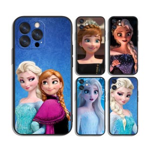 May include: A collection of phone cases featuring characters from the animated film "Frozen." The cases display images of Elsa, Anna, and other characters against a blue background. The cases are designed for various phone models.