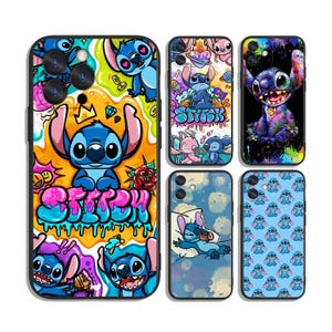 May include: A collection of six phone cases featuring the character Stitch from the animated film Lilo & Stitch. The cases showcase various designs, including graffiti art, Stitch in different poses, and repeating patterns. The cases are in black.