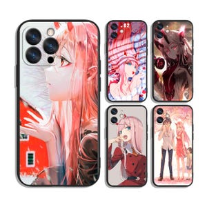 May include: A selection of smartphone cases with anime-style artwork. The cases showcase a female character with pink hair and horns in different poses and attire. The cases have black edges and are designed for mobile phones.