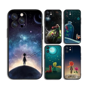 May include: A collection of phone cases featuring illustrations inspired by "The Little Prince." The cases showcase various scenes with characters, planets, and a rose, set against a backdrop of starry skies and a moonlit night.