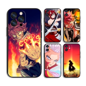 May include: A selection of phone cases with anime character designs. The cases showcase colourful illustrations of characters in dynamic poses, set against fiery backdrops. Some cases feature the text "COMO 9".