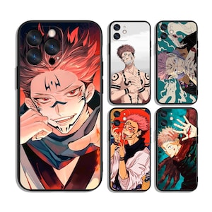 Puede incluir: Una colección de fundas para teléfonos con ilustraciones de personajes de anime. Las fundas muestran diseños vibrantes con personajes en varias poses y expresiones. La paleta de colores incluye rojo, negro, blanco y verde azulado.
