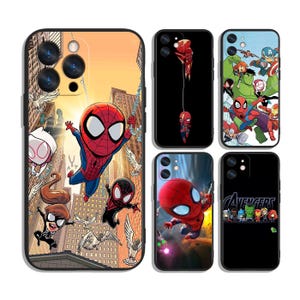 May include: A selection of phone cases showcasing Spider-Man and other Marvel characters. Designs include Spider-Man in action, the Avengers logo, and comic book scenes. The cases have a glossy finish and are in various colours.
