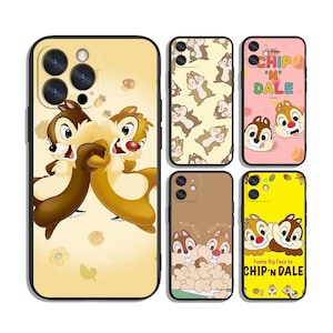 May include: A collection of phone cases featuring Chip and Dale from Disney. The cases display various designs, including the characters in different poses, patterns, and the text "Chip 'N' Dale". The cases are in shades of yellow, brown, and pink.