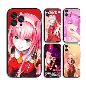 May include: A selection of phone cases showcasing anime-style artwork of a female character with pink hair and red details. The cases have a black edge and different designs, some with text such as "ZERO=" and "DARLING FRAN".