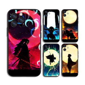 May include: Black phone cases with anime-style illustrations. The cases feature characters silhouetted against vibrant backgrounds of moons, lightning, and celestial patterns. The color palette includes red, black, and blue.