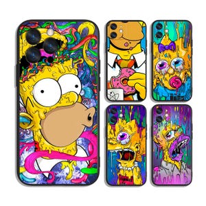 May include: A selection of phone cases with cartoon character Homer Simpson in colourful, psychedelic designs. The cases have black borders and show Homer with exaggerated expressions and vibrant, dripping effects.