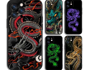 May include: Collection of black phone cases featuring dragon designs. The cases showcase dragons in various colors, including red, gray, green, purple, and gold. The dragon art is detailed and stylized, with a focus on the mythical creature's form and features.