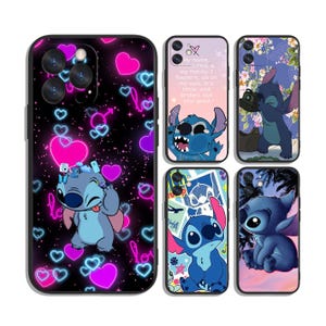 May include: Six phone cases featuring Stitch from Lilo & Stitch. Designs include Stitch with hearts, floral patterns, and quotes. Cases are black with colourful graphics and text.