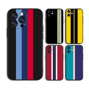 May include: A collection of phone cases with various designs. One case features a black background with vertical stripes in blue, light blue, and red. Other cases have black, yellow, red, and blue backgrounds with vertical stripes in different colors.