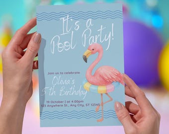 Invito di compleanno per festa in piscina con fenicotteri / Modello Canva modificabile / Festa estiva per bambini / Download immediato / Versione mobile e stampabile /