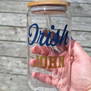 Personalized Notre Dame Glass/Notre Dame cup/Notre Dame Iced Coffee cup/Beer can glass/Irish