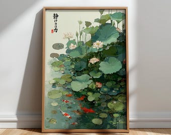 Lotus Pond Koi Fish Wall Art, Japanese-inspired serene botanical print, for Zen garden and meditation room lovers