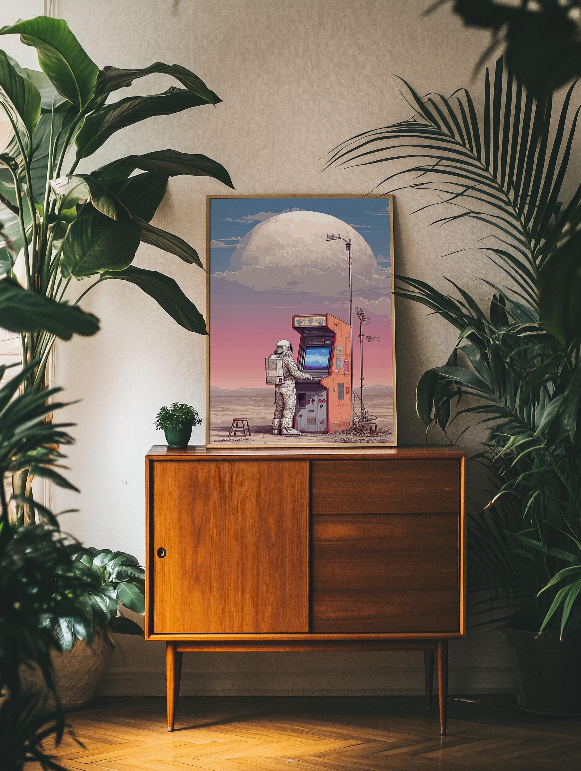 Space Arcade Wall Art, Poster of Astronaut Playing Retro Game Machine ...