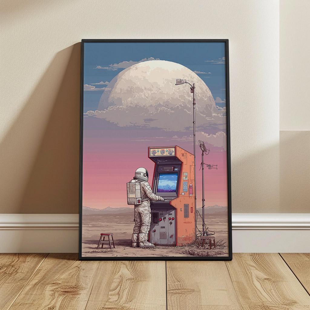 Space Arcade Wall Art, Poster of Astronaut Playing Retro Game Machine ...