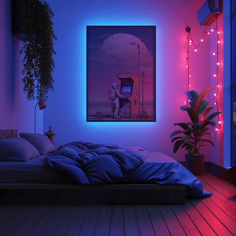 Space Arcade Wall Art, Poster of Astronaut Playing Retro Game Machine ...