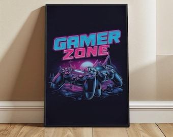 Gamer Zone Neon Poster: Retro Gaming Controller Vaporwave Print