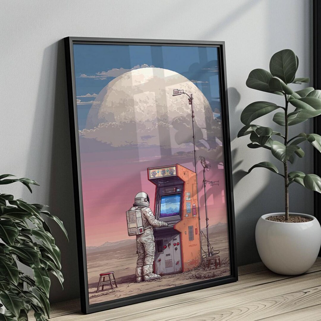 Space Arcade Wall Art, Poster of Astronaut Playing Retro Game Machine ...