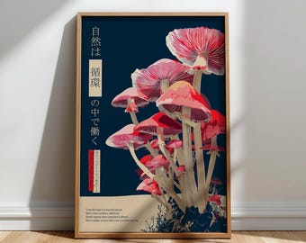 May include: A framed art print depicting a group of stylized red and pink mushrooms on a dark blue backdrop. The artwork incorporates Japanese text and a minimalist style, evoking a nature-inspired theme. The print is presented in a wooden frame.