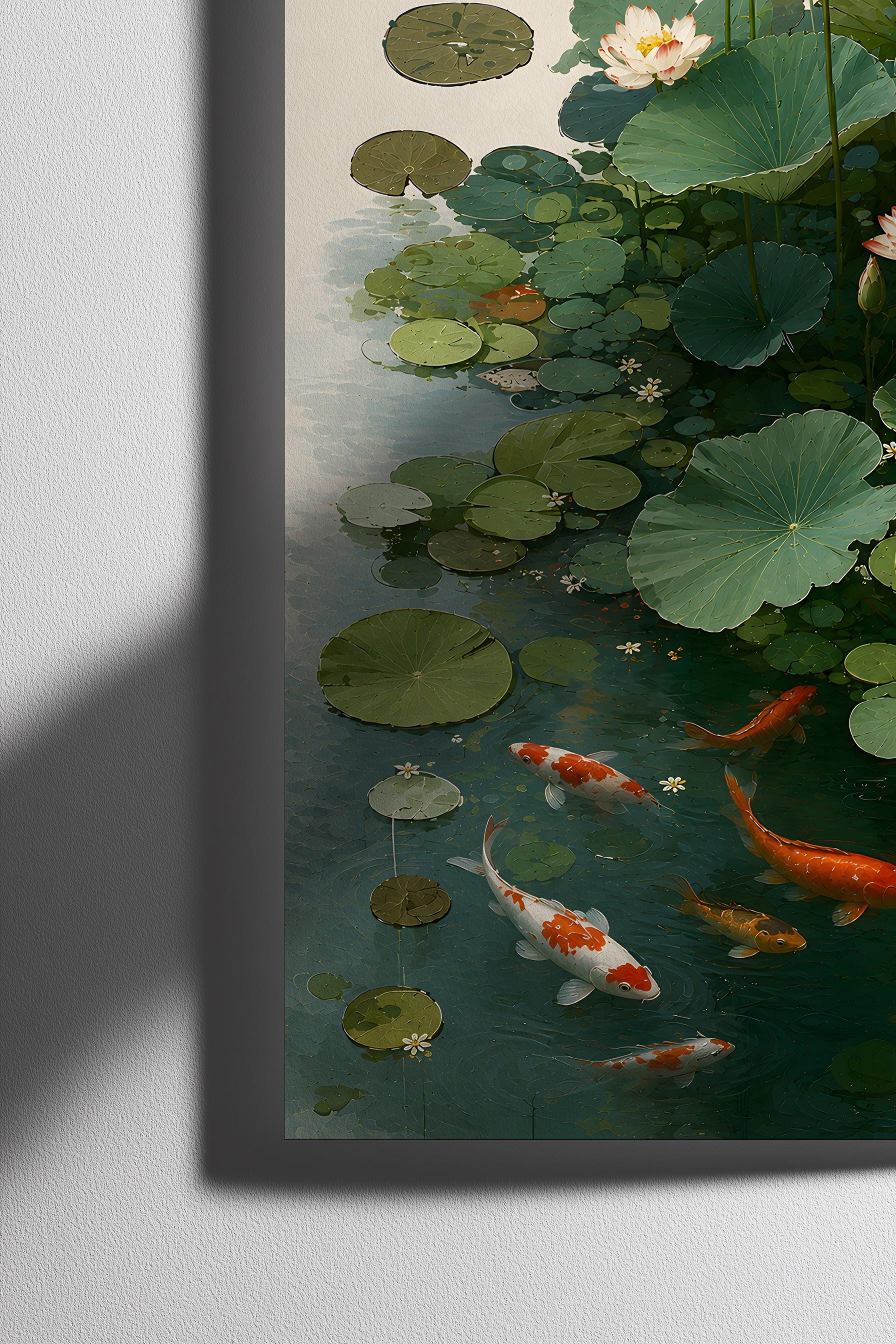 Lotus Pond Koi Fish Wall Art, Japanese-inspired Serene Botanical Print ...