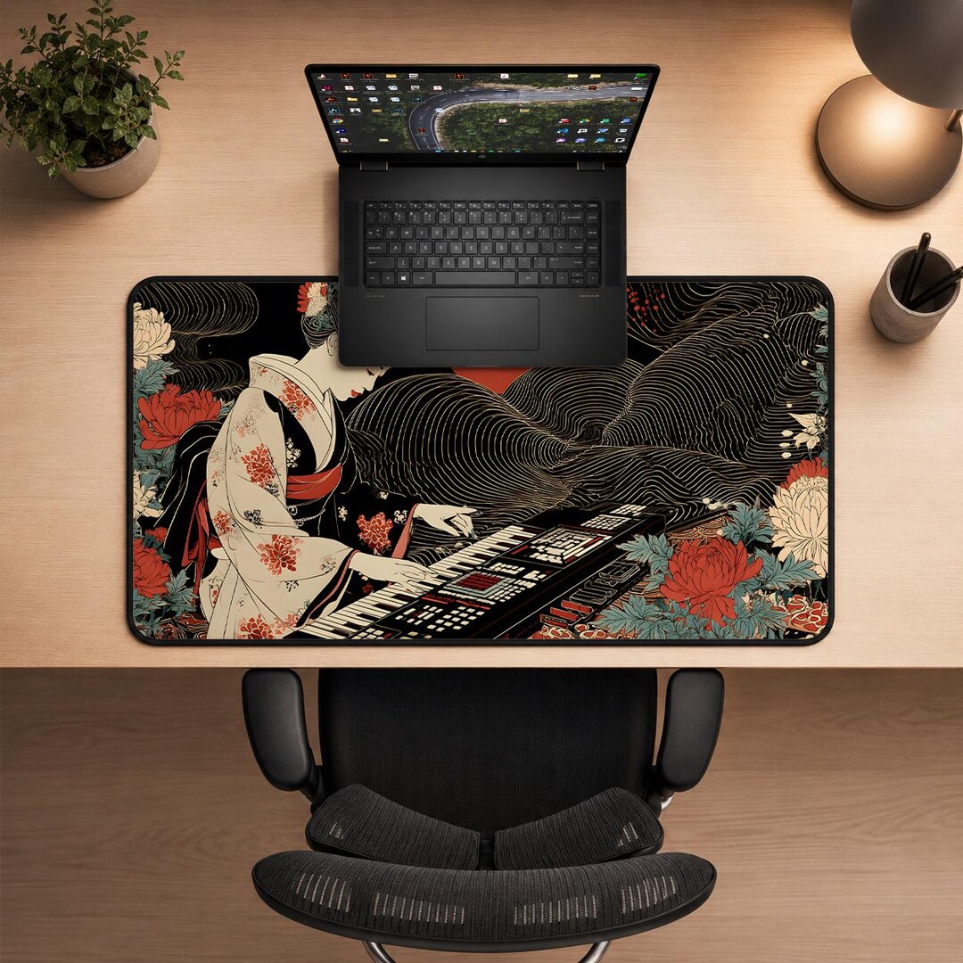 Synth Mat Ukiyo-e Geisha Playing Synthesizer Desk Mat, Japanese Aesthetic Gaming ...