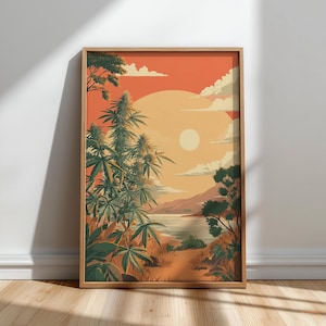 Op de afbeelding: Een ingelijste kunstdruk met een landschap met cannabisplanten, een zonsondergang en een waterpartij. Het kunstwerk heeft een warm kleurenpalet van oranje, groen en bruin. De print wordt op een houten vloer gepresent.