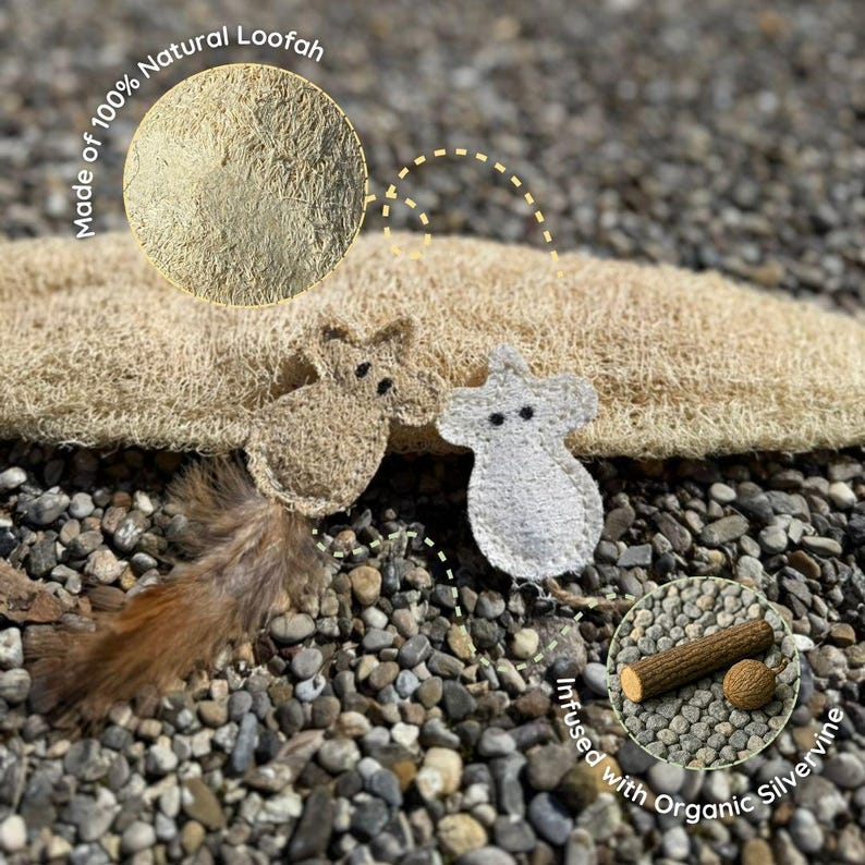 Eco Cat Toy Silvervine Infused Mouse with Feather Tail, Handmade from Loofah cat product, Chase and Chew toy, Cat lover gift, Pet buddy image 7