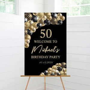 Birthday Party Welcome Sign, Black and Gold Balloons, Birthday Party Decor, Foam Board Sign image 1