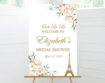 Paris Bridal Shower Welcome Sign, Blush Pink Floral, Gold Eiffel Tower, Bridal Shower Decor, Foam Board Sign